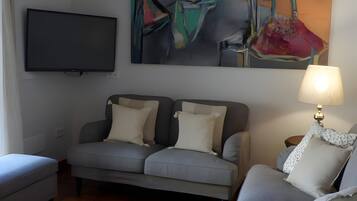 Télévision, cheminée, lecteur de DVD, table de tennis de table