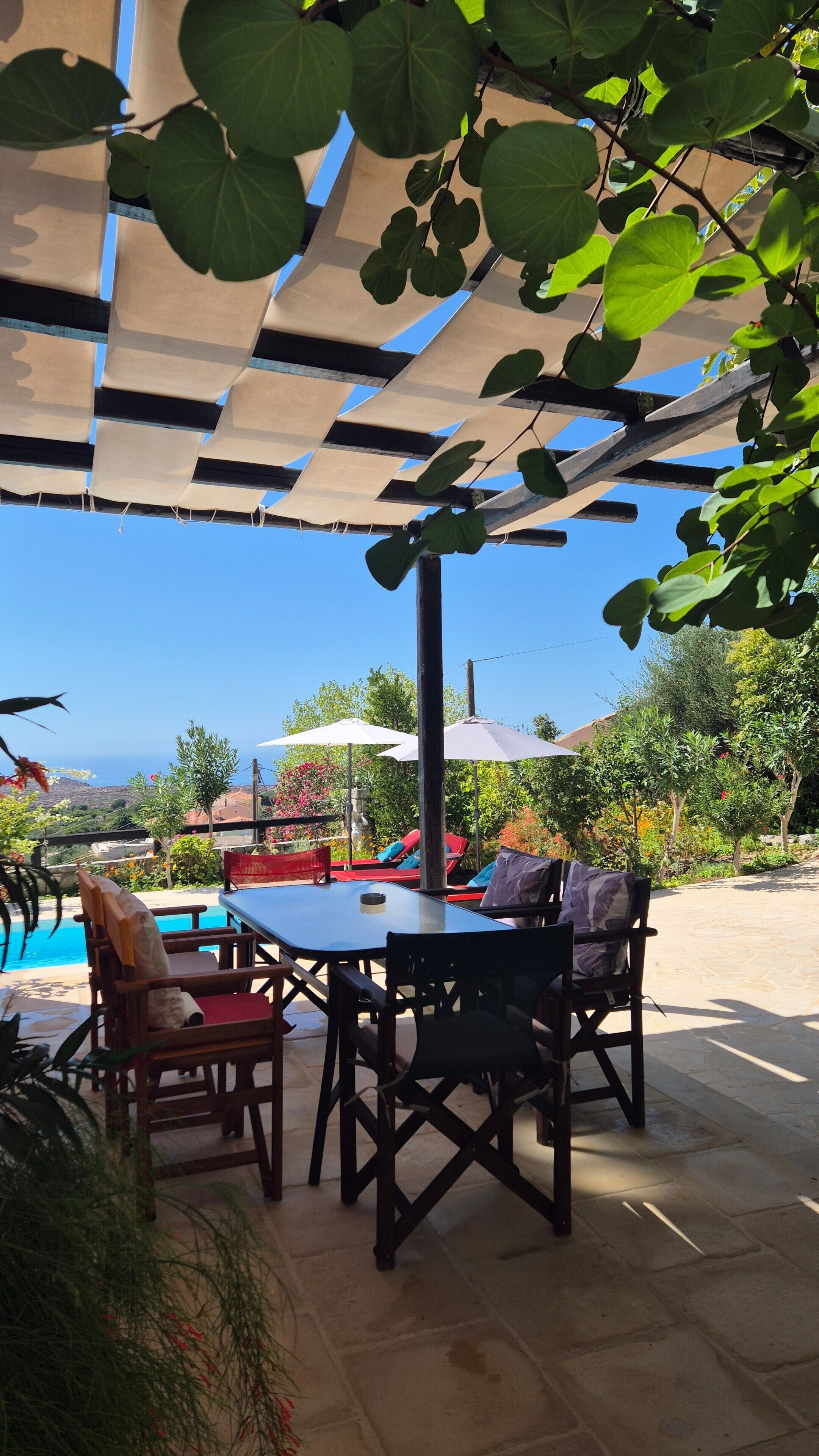 Um pátio externo com mesa, cadeiras, piscina e vista para o mar.