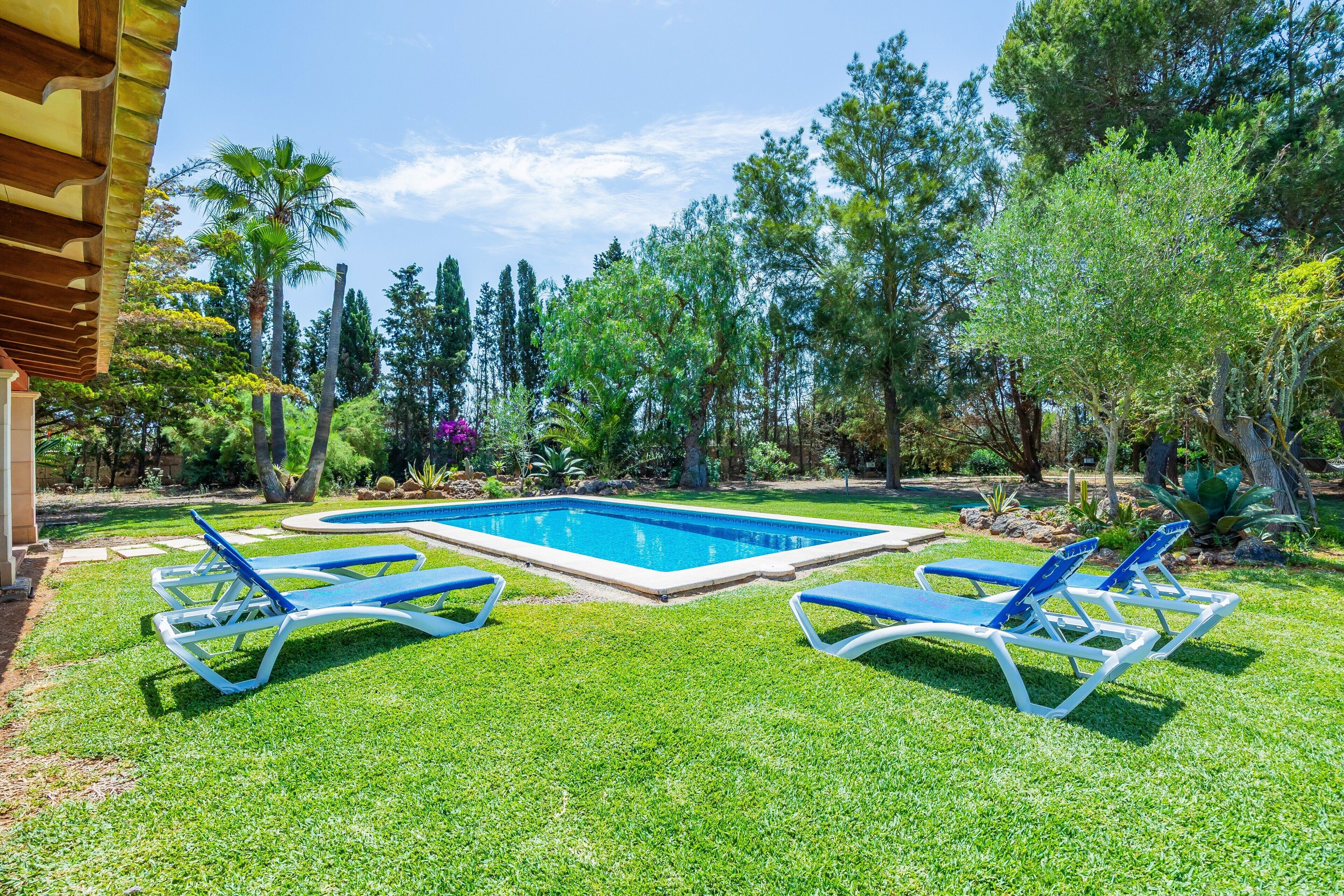 A swimming pool with two lounge chairs, surrounded by a well-maintained lawn and various trees.