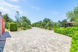 A stone-paved pathway leading to a building with a red facade, surrounded by lush greenery and palm trees.