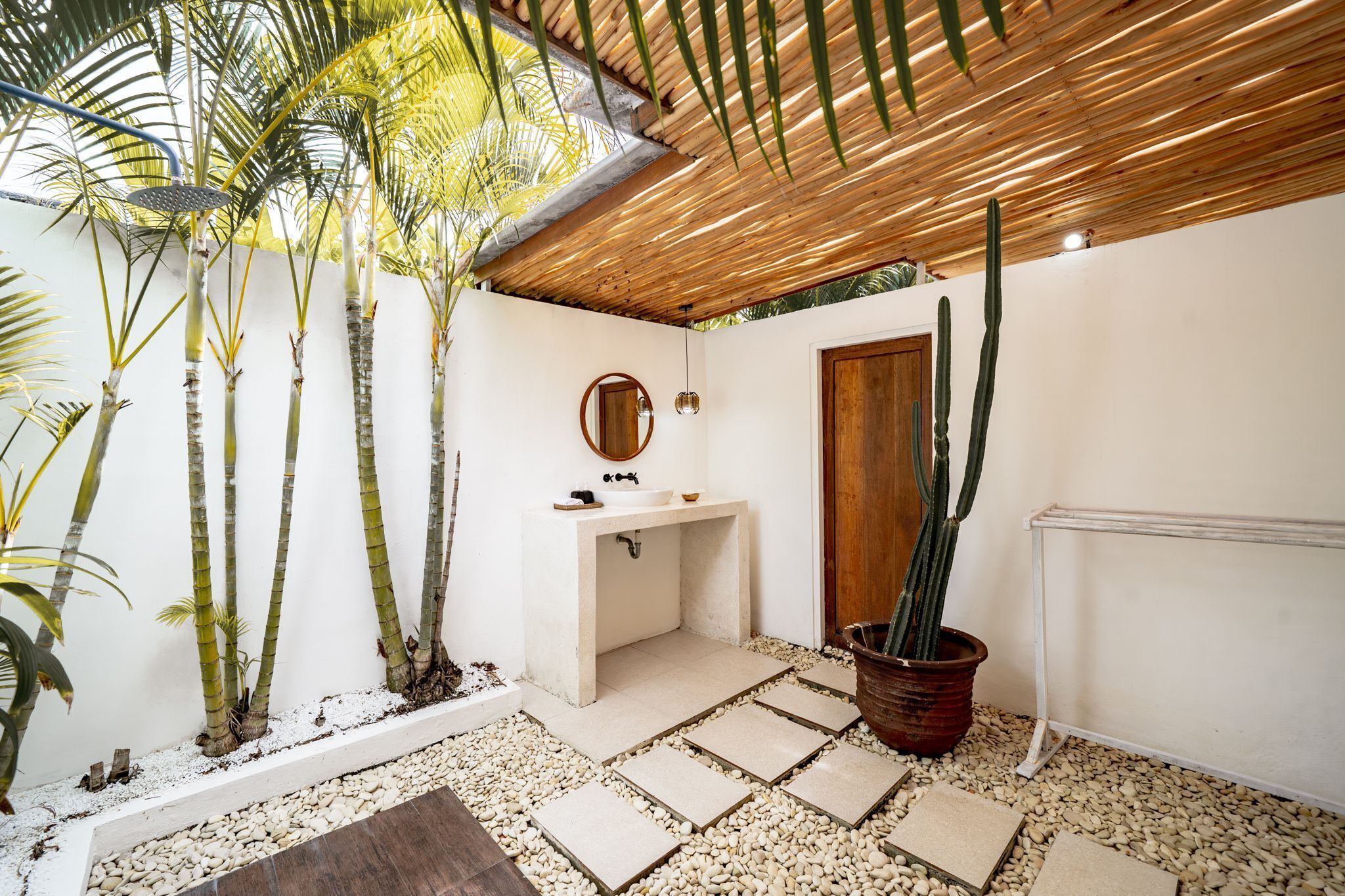Un bagno con soffitto in legno, un lavandino, uno specchio e un cactus in vaso.