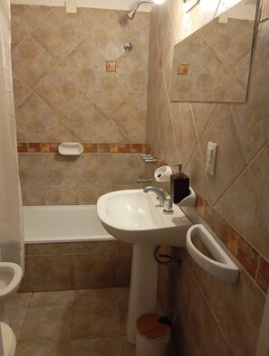 Hair dryer, bidet, towels, soap