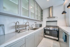 Fridge, microwave, stovetop, high chair