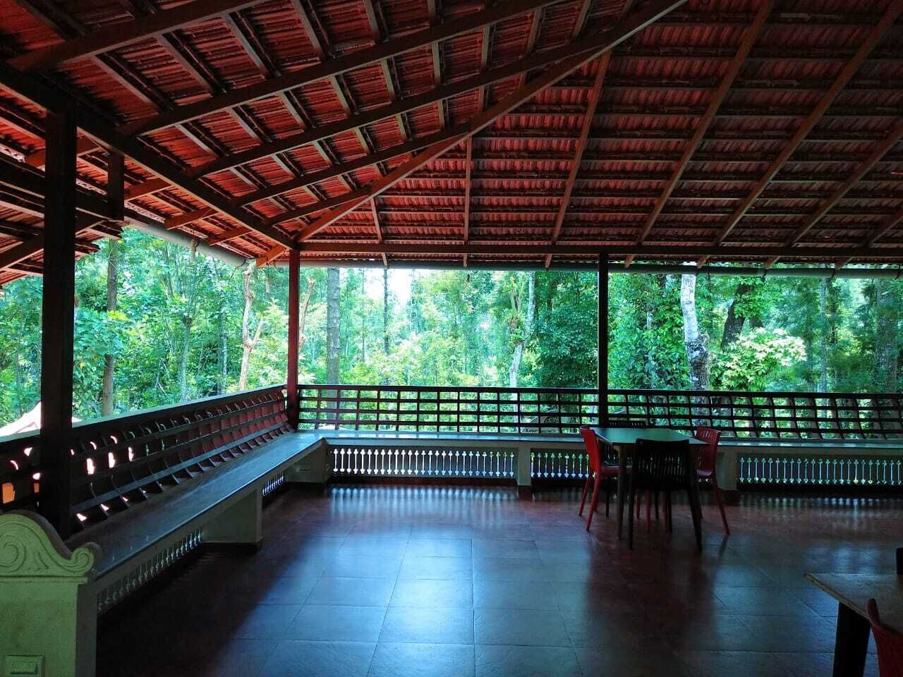 An open pavilion with a wooden roof and benches, surrounded by lush greenery.