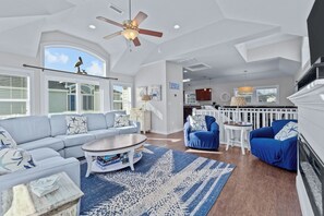 Télévision, cheminée, vidéothèque, chaîne hi-fi