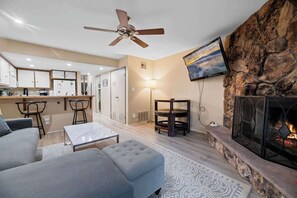 Fernseher, Kamin, Bücher, Arbeitsbereiche