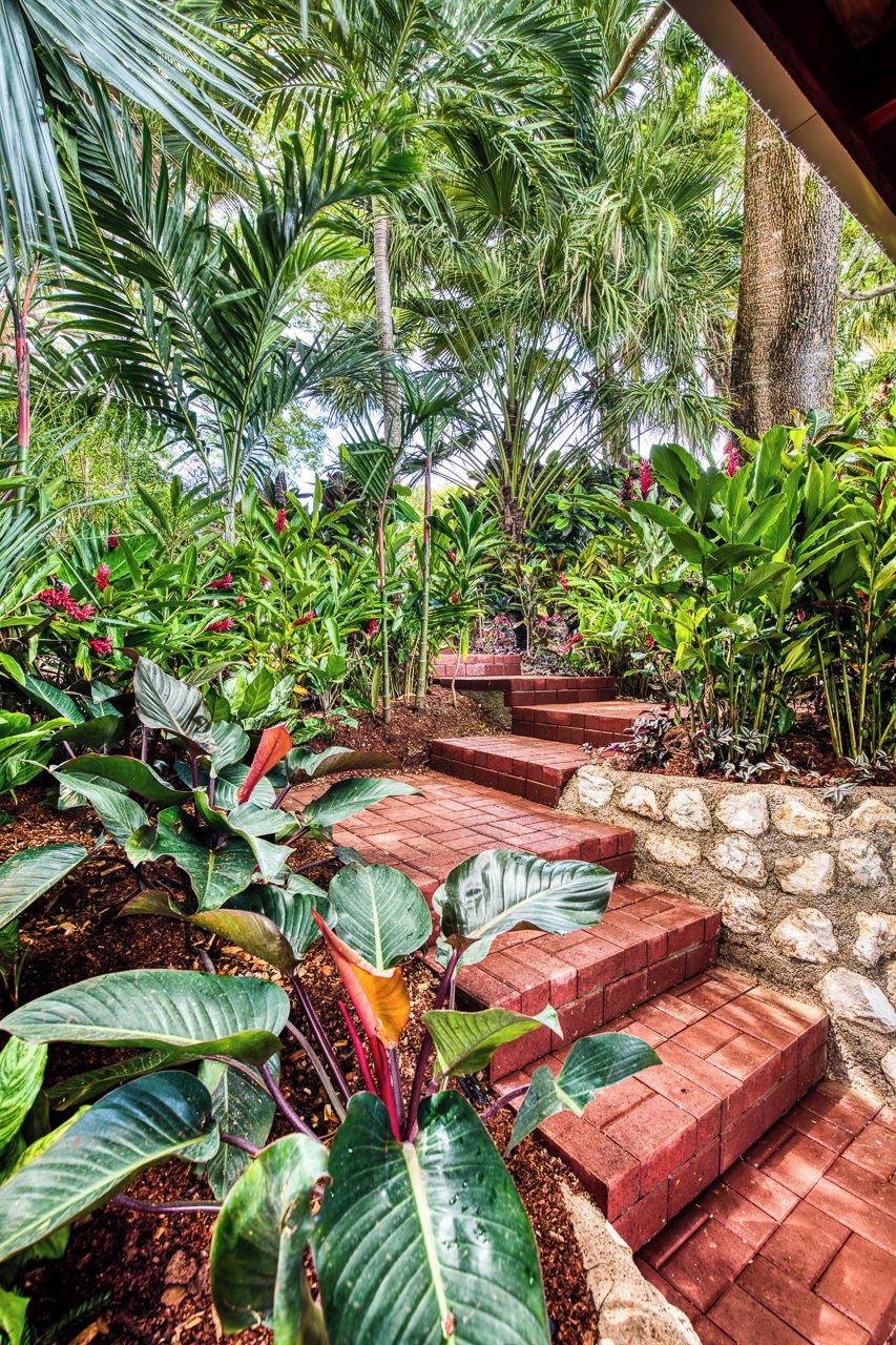 A garden with a brick pathway leading to a stone wall.