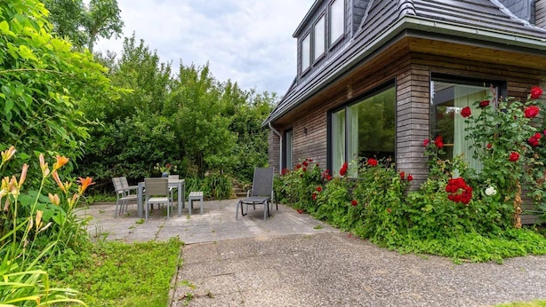A modern house with a patio, outdoor seating, and a garden with red roses. - Ferienwohnung in Vollerwiek Direkt am Nordseedeich (Vollerwiek)