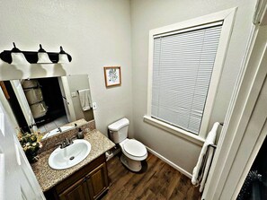 Hair dryer, towels, soap, toilet paper