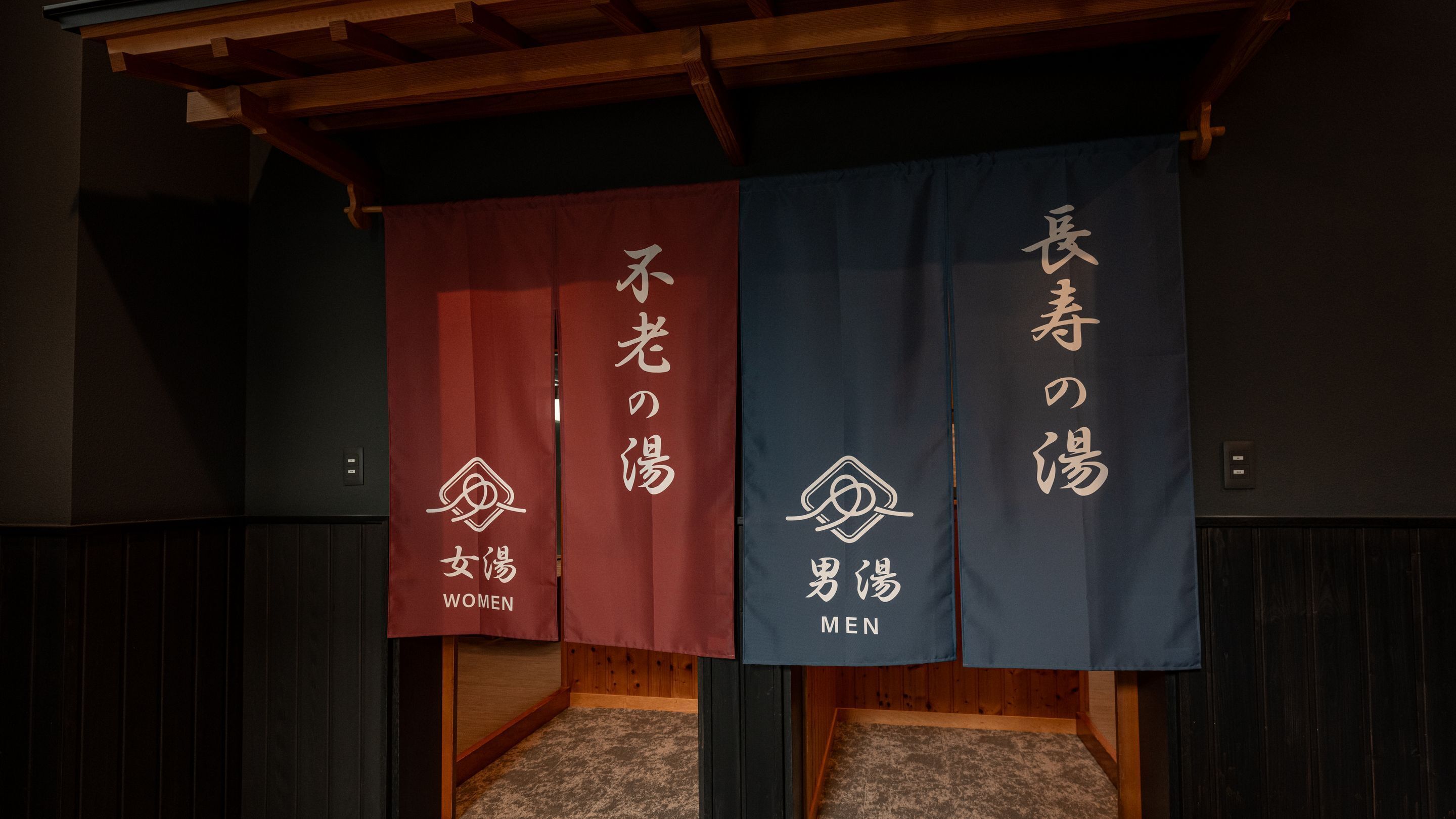 Two banners with Japanese text indicating separate areas for women and men.