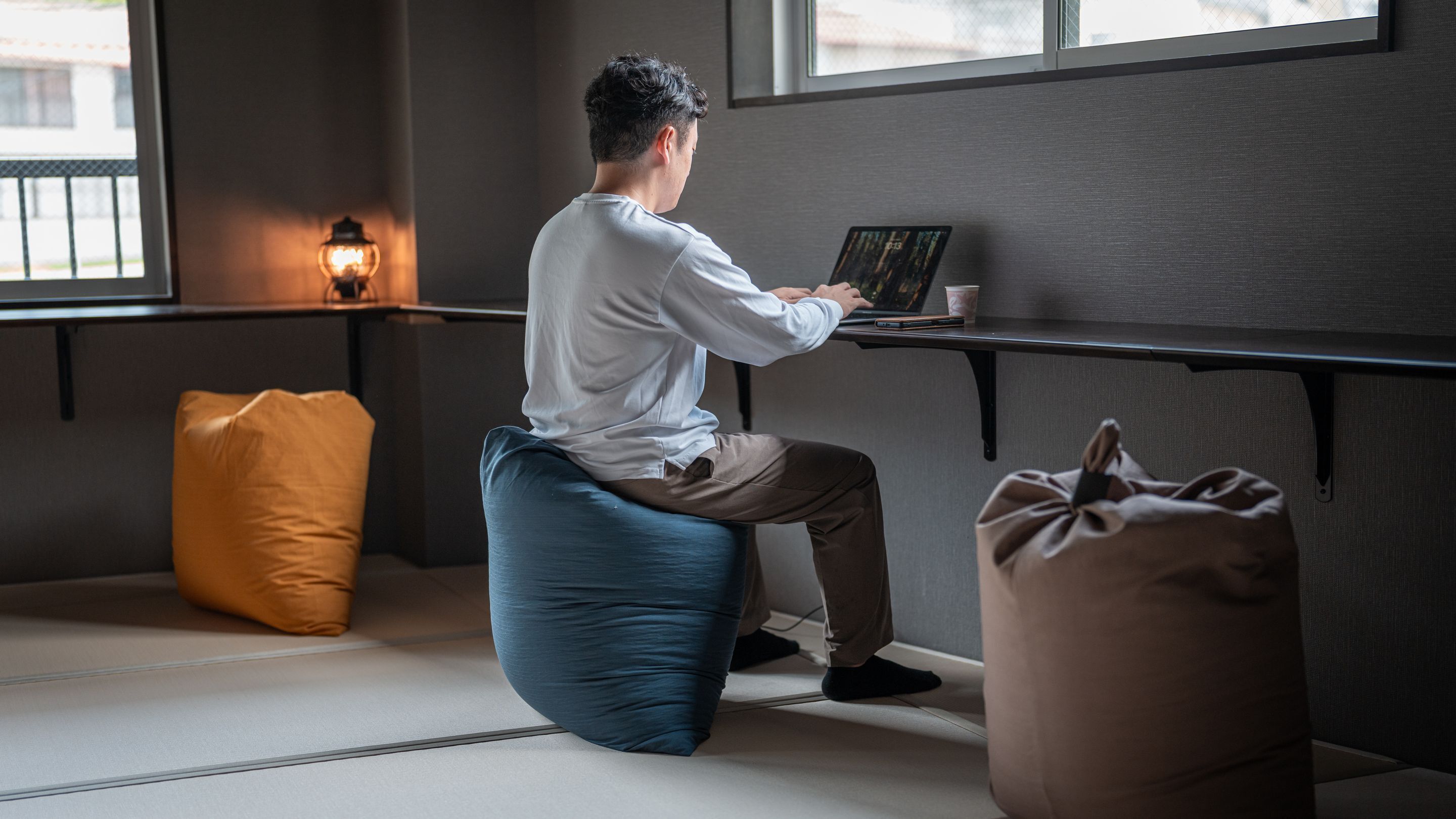 En person sidder på en blå pølle-stol ved et skrivebord med en bærbar computer, i et rum med et stort vindue, en gulvlampe og en brun pølle på gulvet.