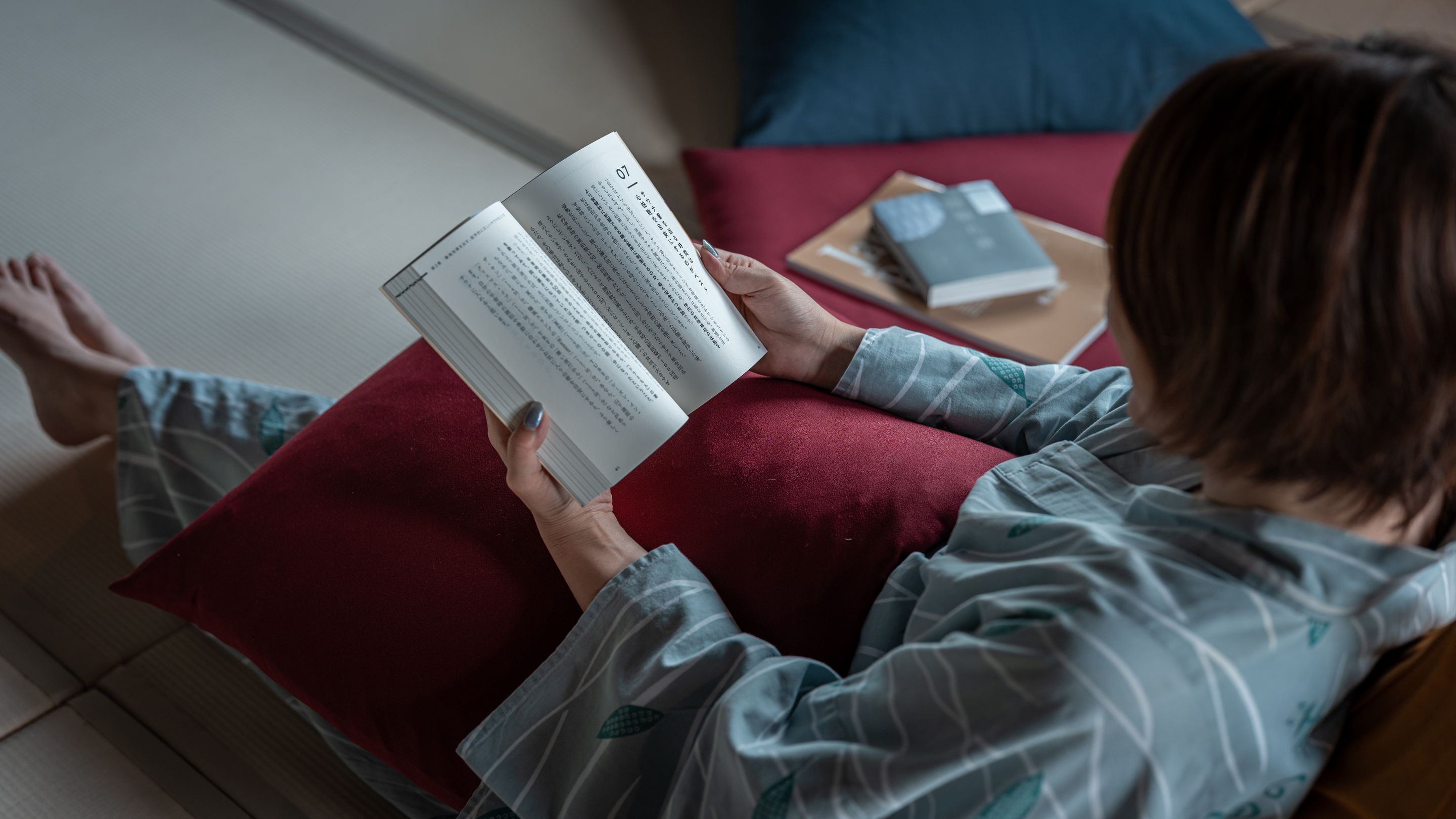 A person reading a book in a room with a red cushion and a blue pillow.