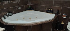Douche, baignoire à remous, séchoir à cheveux, serviettes fournies