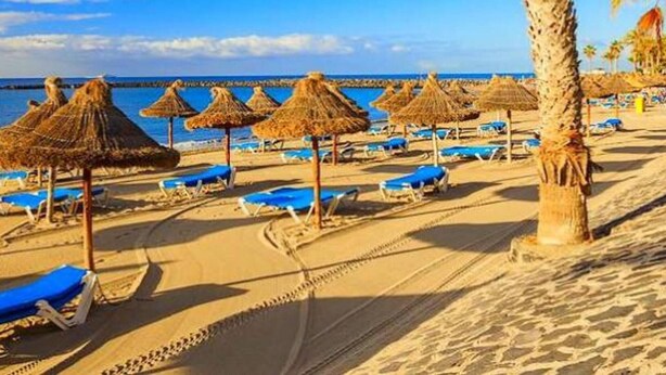 Une plage avec des parasols en chaume et des chaises longues.