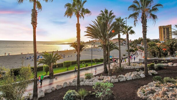 A beachfront promenade with palm trees, a walking path, and a view of the sea. - Ferdy's Home, Pool, Wi Fi, Downtown Los Cristianos (Los Cristianos)