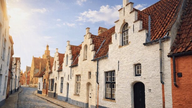 Een geplaveid straatje omzoomd door historische gebouwen met witte gevels en rode dakpannen.