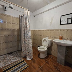 Ein Badezimmer mit Dusche, Toilette und Waschbecken.
