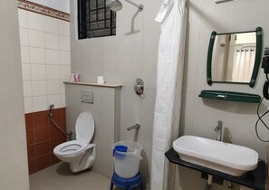 Bathroom features a toilet, sink, shower area, and mirror.
