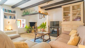 A cozy living room with a fireplace, bookshelves, and a comfortable seating area. - Can Ferrer - Villa With Private Pool In Pollença (PollenÇa, Illes Balears)
