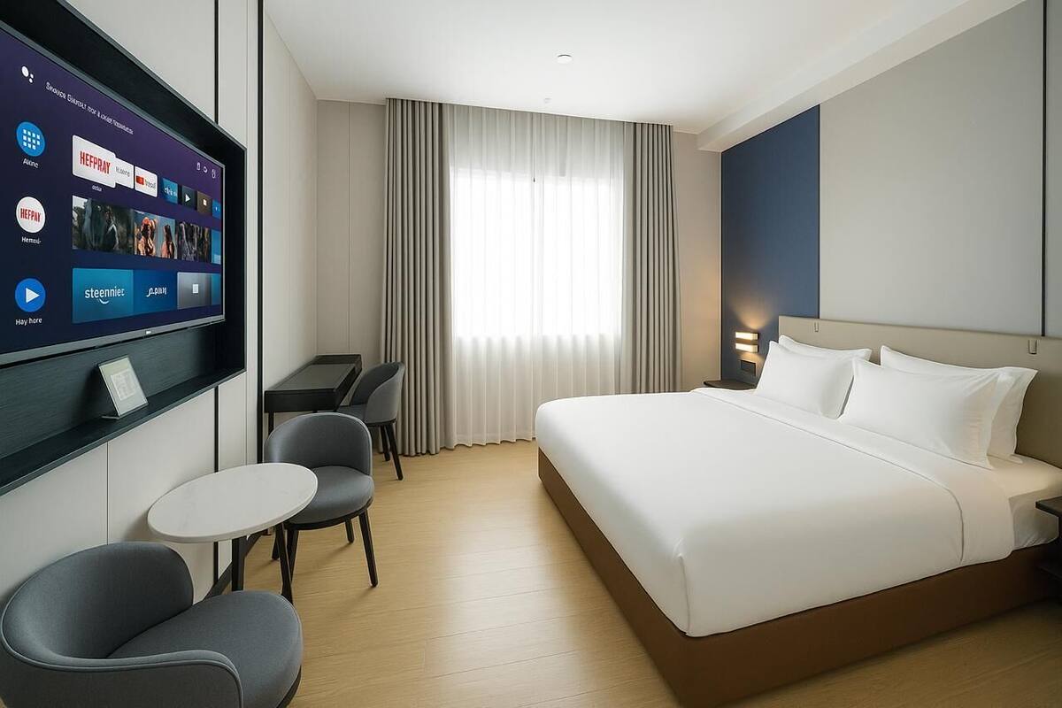 A hotel room with a large bed, a desk, two chairs, a TV, and a window with curtains.