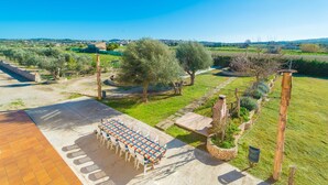 A patio with a table set for dining, surrounded by olive trees and a stone wall.