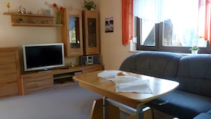 A living room with a TV, wooden cabinets, a sofa, and a window with curtains.