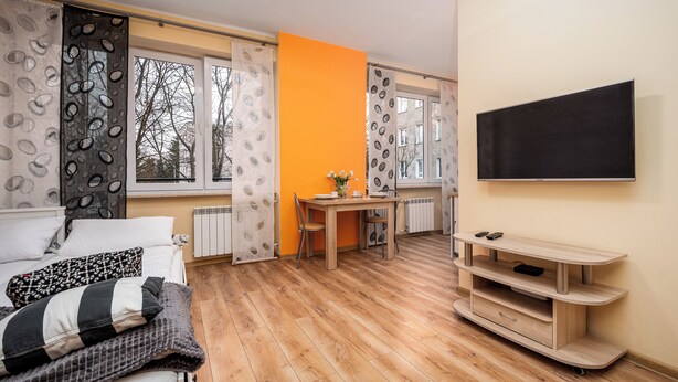 Une pièce comprenant un lit, une table à manger, des chaises, un téléviseur et un radiateur.
