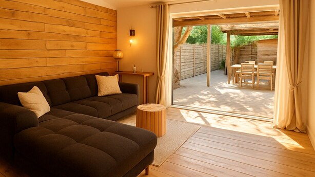 A modern living room with a dark sofa, a small round table, and a wooden wall. - Alba | Air-conditioned, Wi-Fi, PMR, beach 20 metres away (Borgo)