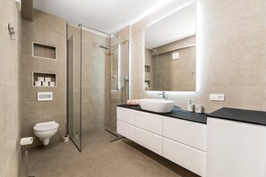 Douche, séchoir à cheveux, serviettes fournies, papier de toilette