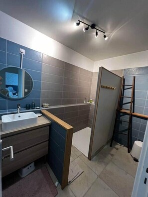 Regadera, secadora de cabello, jabón, papel de baño 