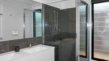 Shower, hair dryer, soap, toilet paper