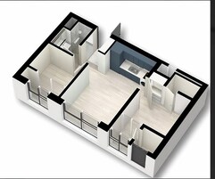 Plano de planta en 3D de un apartamento moderno con dos dormitorios, sala de estar, cocina y baño.