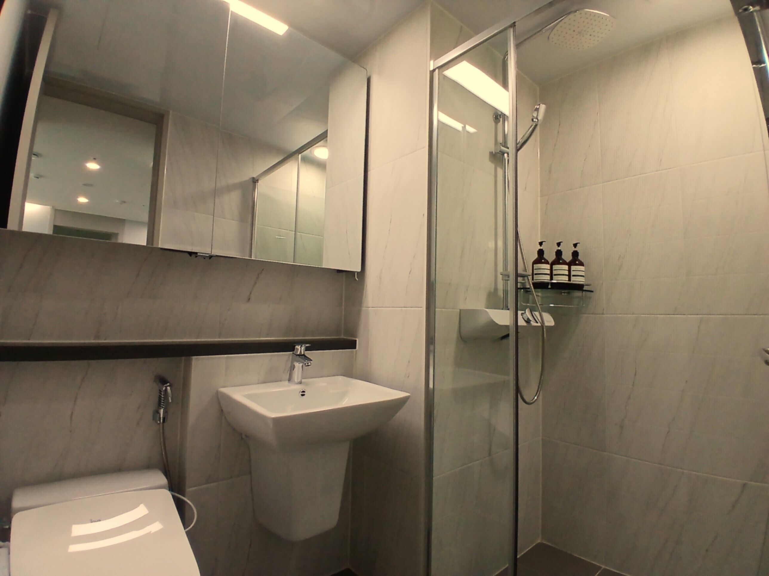 Une salle de bain moderne avec une douche à parois de verre, un lavabo sur colonne et un miroir au-dessus du lavabo.