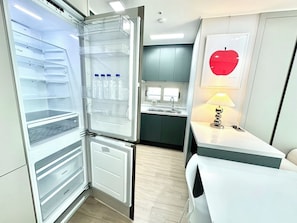 Fridge, microwave, electric kettle, freezer