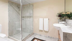 Shower, hair dryer, towels, shampoo