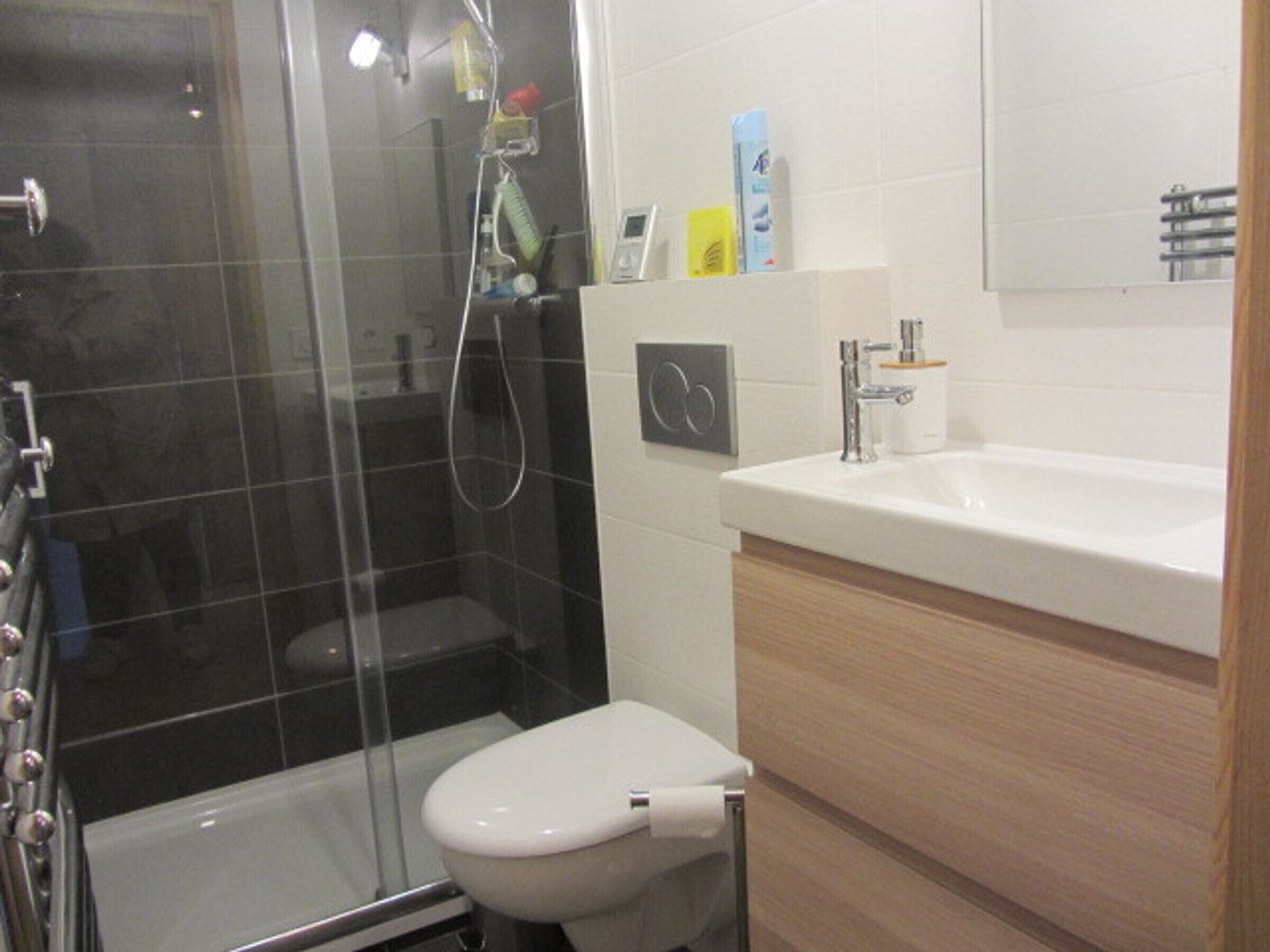 A bathroom with a glass-enclosed shower, a white toilet, and a sink with a mirror above it.