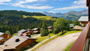 Un village de montagne avec des maisons en bois, une route pavée et une vue sur la forêt et les montagnes environnantes.