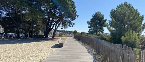 Une promenade en bois mène à une plage de sable bordée d’arbres des deux côtés.