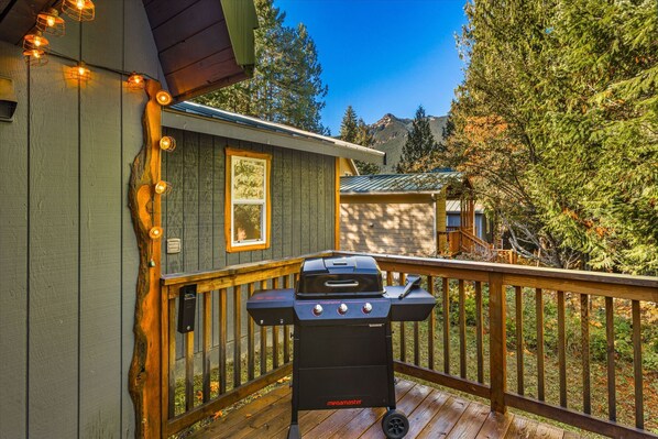 A wooden deck with a Megamaster grill, a wooden railing, and a view of a mountain. - Fir Tree Cabin in Packwood (Packwood)