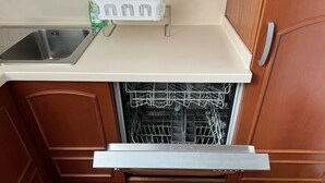 Eine Küche mit Spüle aus Edelstahl, Geschirrspüler und einem Schrank mit Schublade.