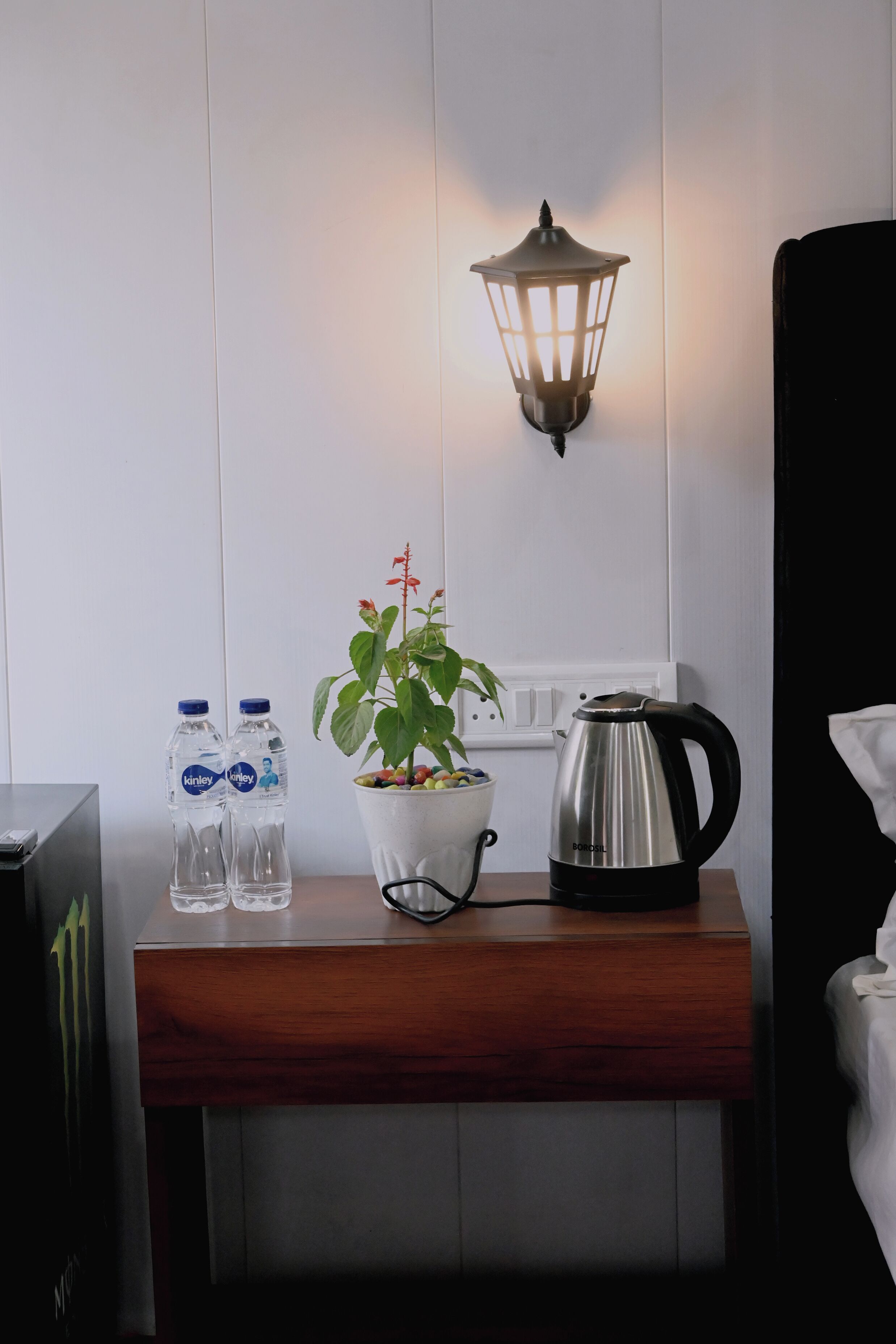 A wooden table with two water bottles, a potted plant, and a coffee maker.