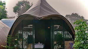 A modern, semi-open structure with a curved roof, a glass door entrance, and a wooden deck. - Triveni Sangam Hotels And Resorts (Karchana)