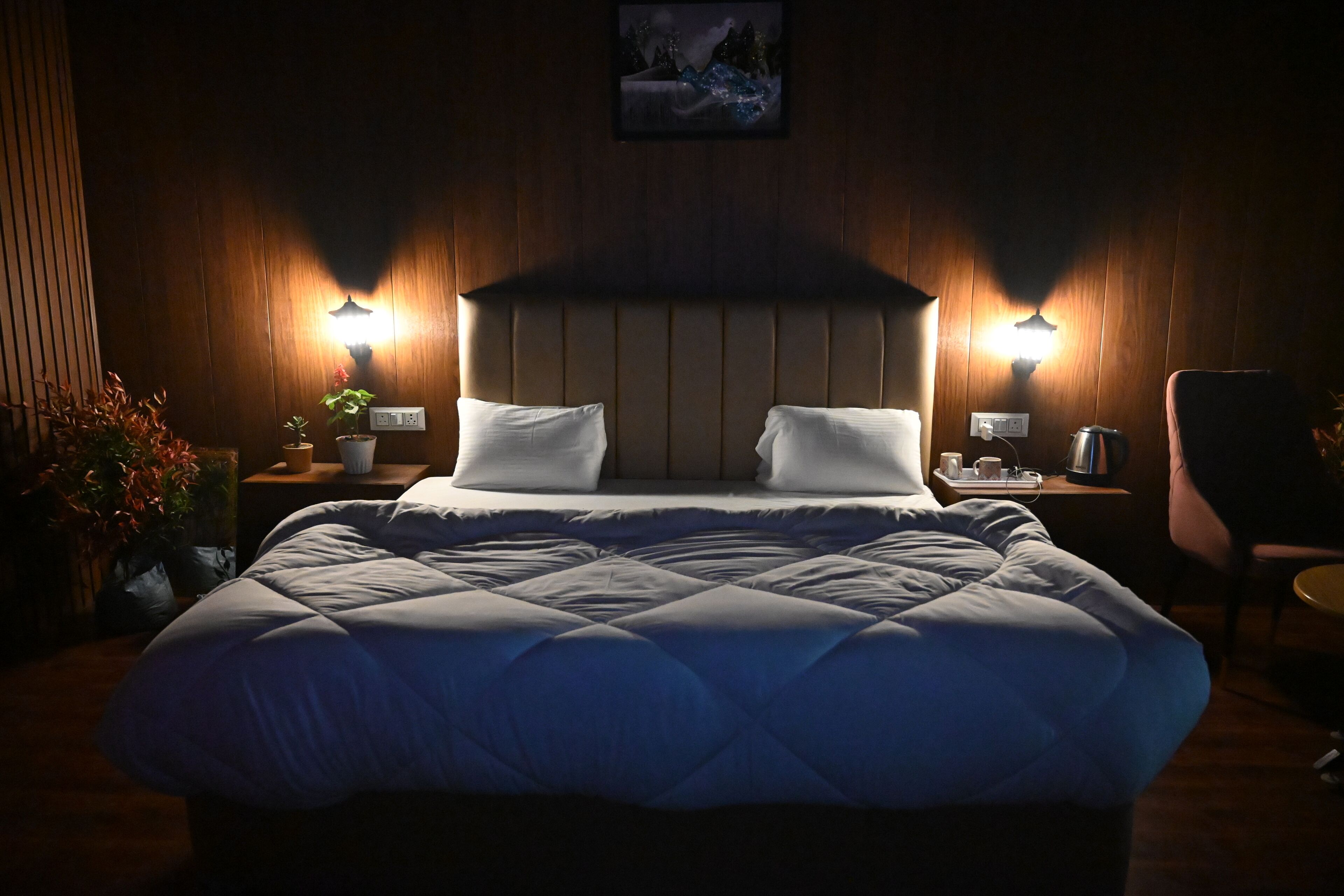 Una cama bien hecha con un edredón acolchado, dos lámparas de noche, una mesita de noche con una planta y un cuadro en la pared.