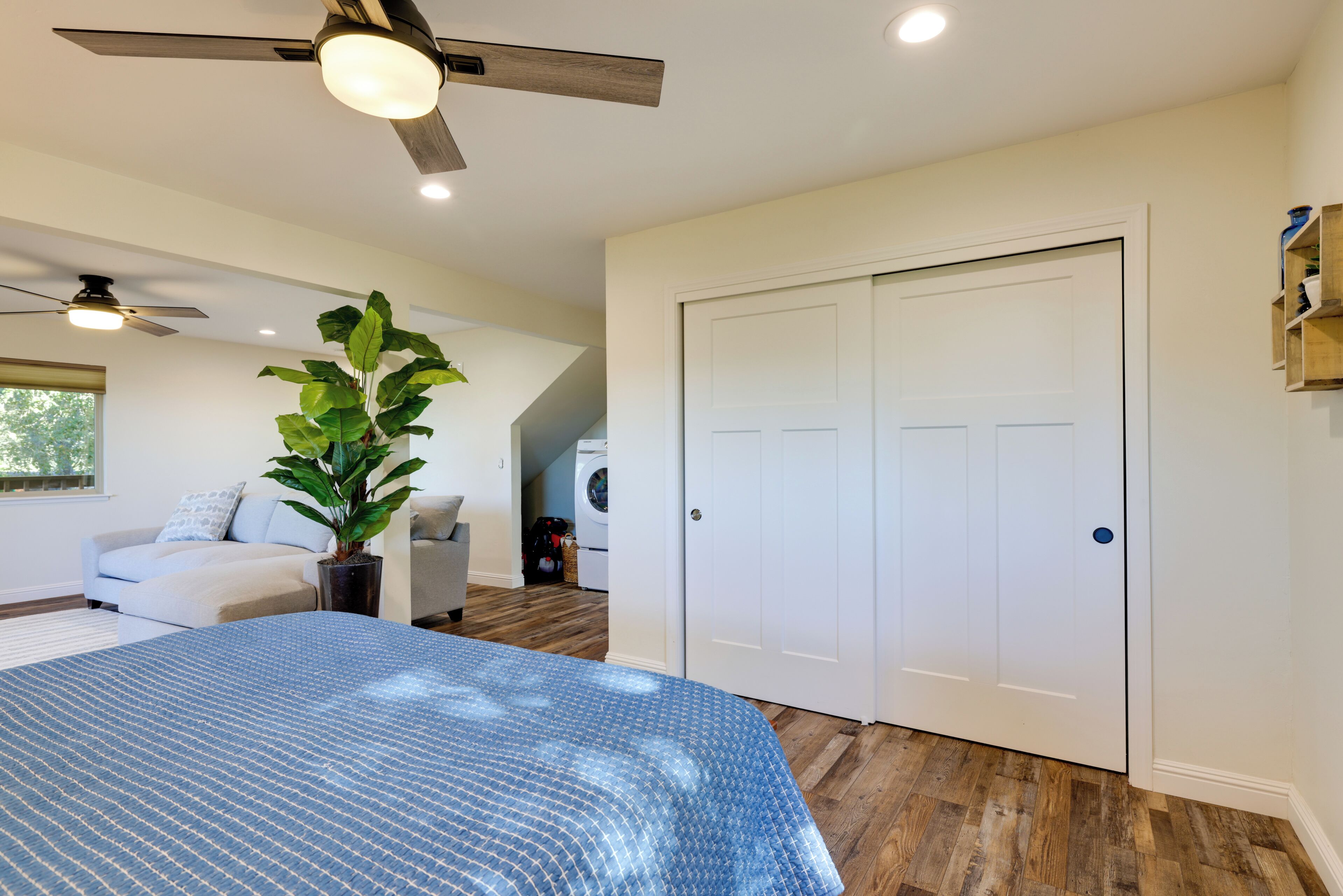 A bedroom with a bed, a ceiling fan, a potted plant, a washing machine, and a closet.