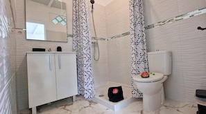 Sèche-cheveux, serviettes fournies, savon, papier toilette