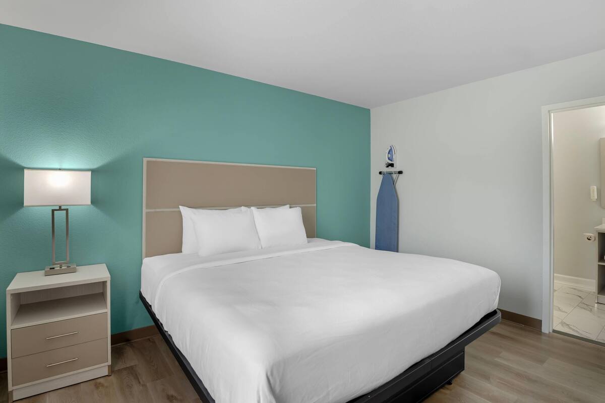 A neatly made bed in a hotel room with a teal wall, a bedside table with a lamp, and a door to the right.