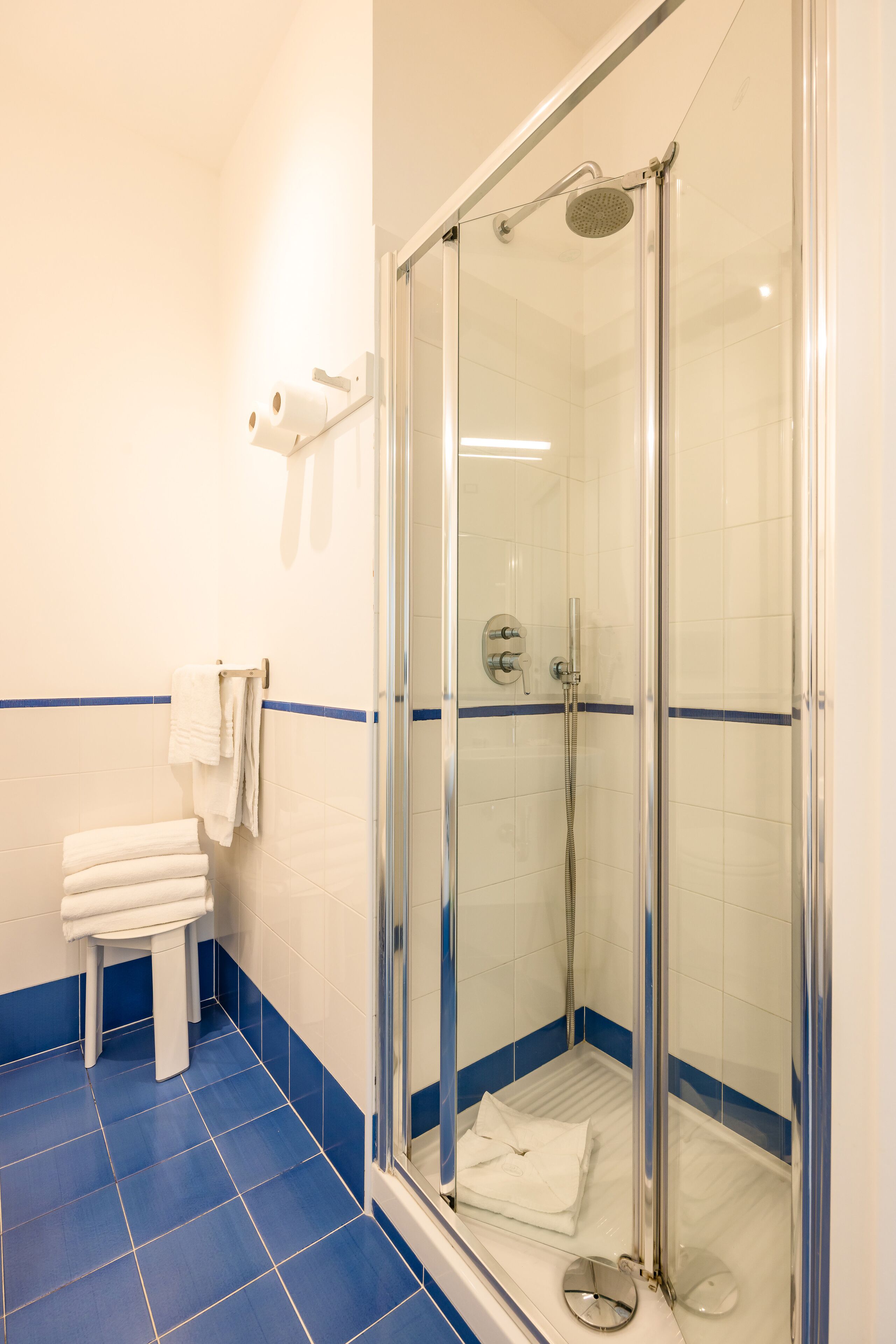 A bathroom with a glass-enclosed shower, a white toilet, and a blue-tiled floor.