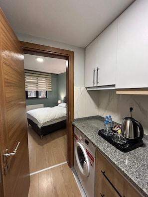 A compact hotel room with a washing machine, a small kitchenette, and a bed with a view. - Buyuk Agri Hotel (Agri)