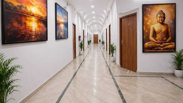 A long, well-lit hallway with a marble floor, flanked by large paintings and potted plants. -  Atlas Inn Near to IGI Airport (Firoj)