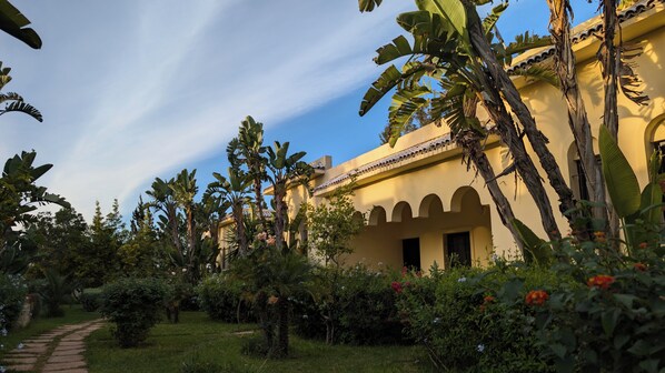 A building with a yellow facade, arched windows, and a garden with various plants and flowers.